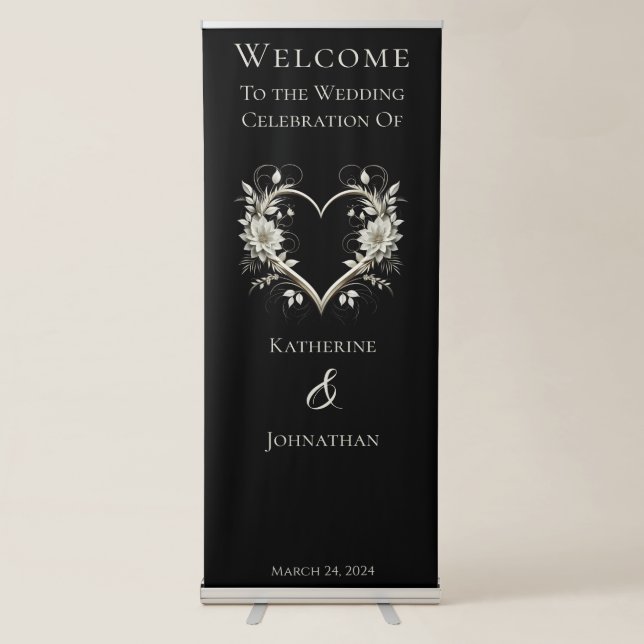 Welcome Wedding Sign-Modern Flowers with a Heart Retractable Banner (Front)