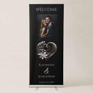 Welcome Wedding Sign-Modern Pink Heart with Flower Retractable Banner