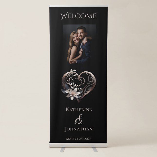 Welcome Wedding Sign-Modern Pink Heart with Flower Retractable Banner (Front)