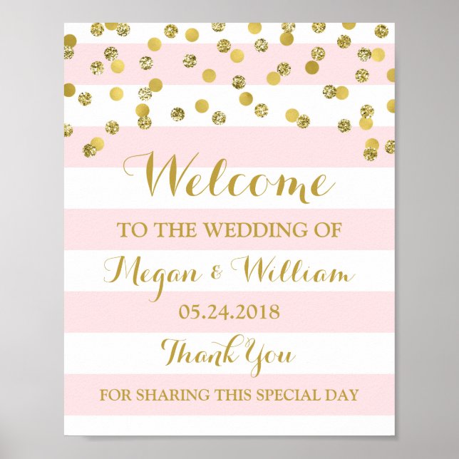 Welcome Wedding Sign Pink Stripes Gold Confetti (Front)