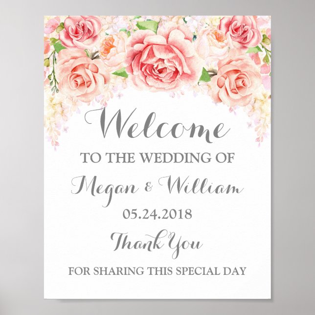 Welcome Wedding Sign Pink Watercolor Flowers (Front)