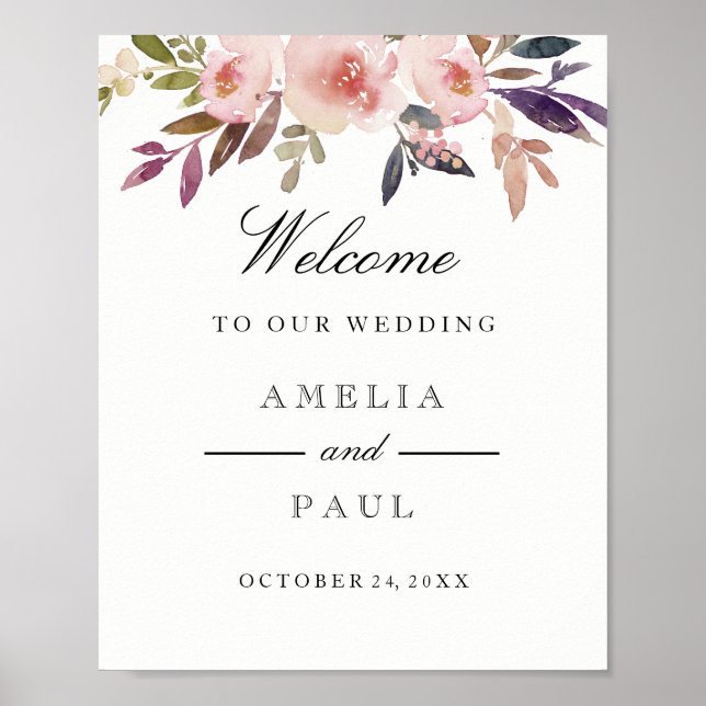 Welcome Wedding Sign Pink Watercolor Peonies (Front)