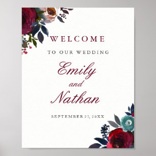 Welcome Wedding Sign Red Burgundy Floral