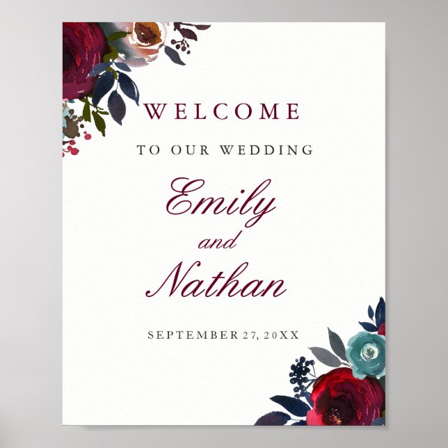 Welcome Wedding Sign Red Burgundy Floral (Front)