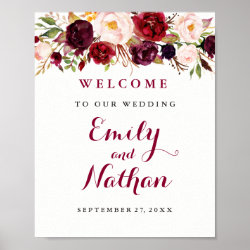 Welcome Wedding Sign Rustic Burgundy Red Floral