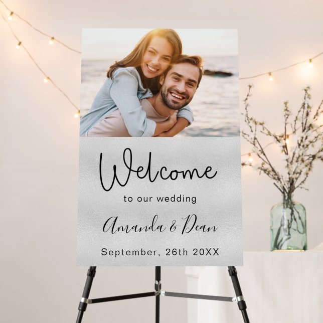 Welcome wedding sign silver photo script (In Situ (Stand))