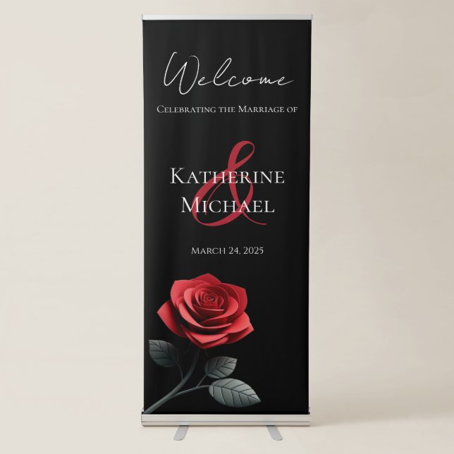 Welcome Wedding Sign-Single Red Rose- Retractable Banner (Front)