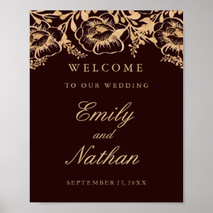 Welcome Wedding Sign Vintage Gold Burgundy Floral