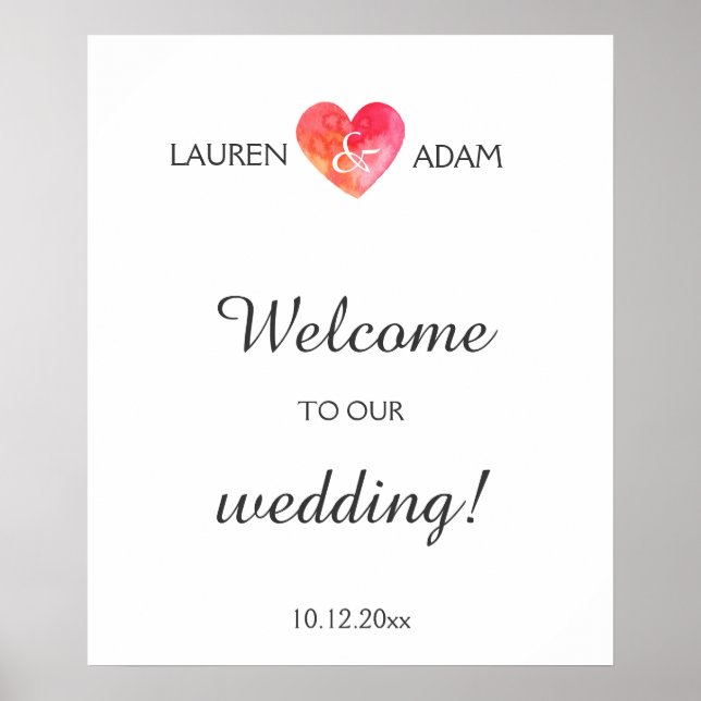 Welcome wedding sign watercolo heart, custom names (Front)