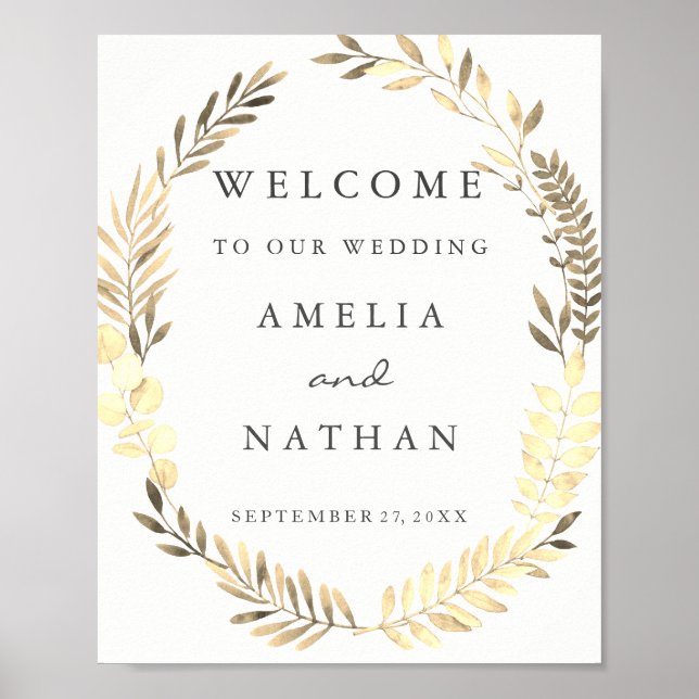 Welcome Wedding Sign Watercolor Gold Leaf Wreath (Front)