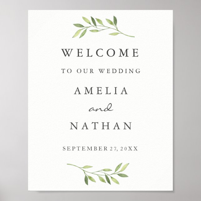Welcome Wedding Sign Watercolor Green Leaf (Front)