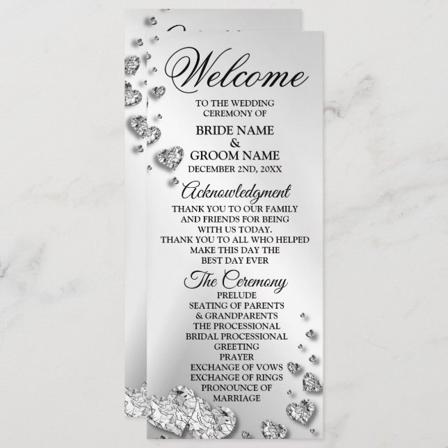 Welcome Wedding Silver Hearts Gray Elegant Rustic Program (Front/Back)