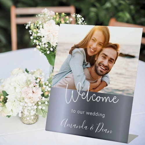 Welcome wedding silver photo script pedestal sign