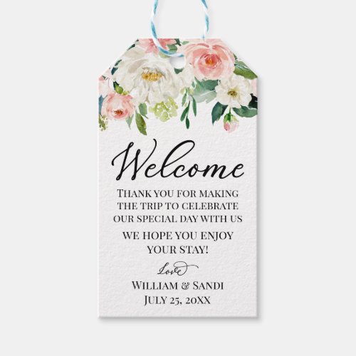 Welcome wedding tags blush pink and ivory flowers gift tags