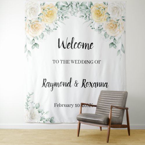 Welcome Wedding White  Yellow Roses Tapestry
