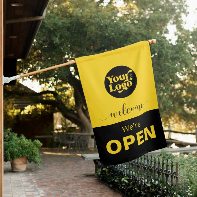 Welcome We're Open Logo Yellow Shop Sign Flag (In SItu)