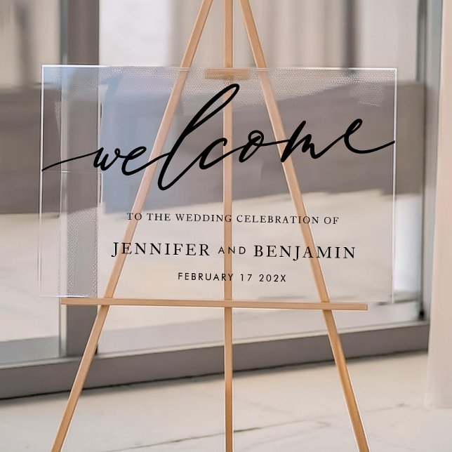 welcome | White Black Calligraphy Simple Wedding Acrylic Sign (Creator Uploaded)