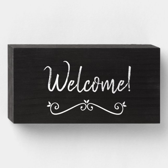 Welcome White Black Elegant Wood Box Sign (Front Horizontal)