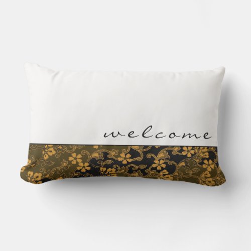 Welcome  White Black  Gold Elegant Floral Lumbar Pillow