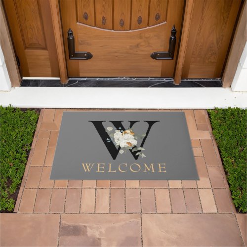 WELCOME White Floral Gold Accents Monogram W Doormat
