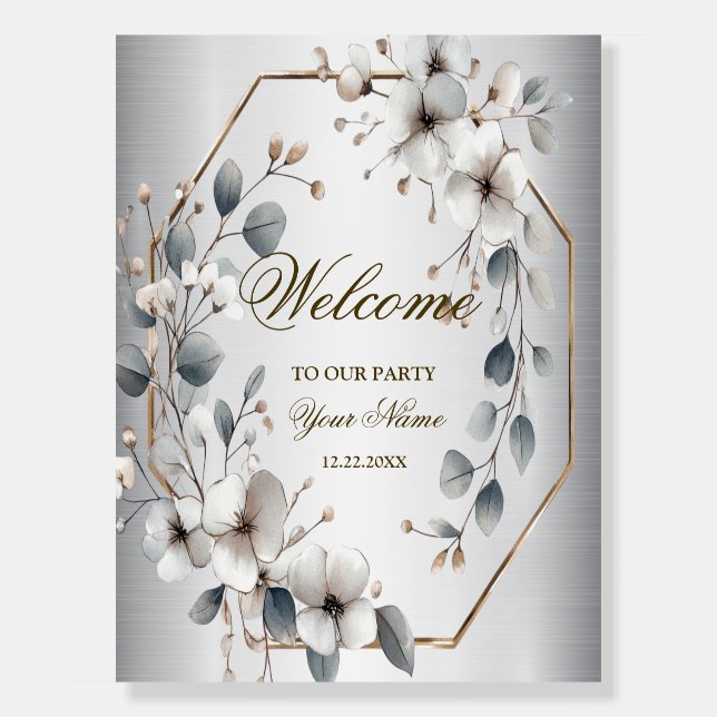 Welcome White Flowers Golden Frame Silver Teal Foam Board (Front)