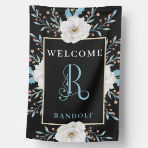 WELCOME, White Flowers on Black Monogram House Flag