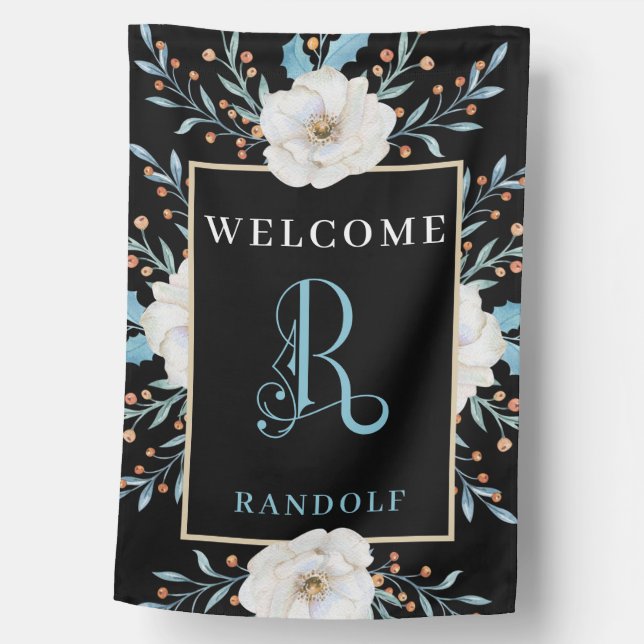 WELCOME, White Flowers on Black Monogram House Flag (Front)