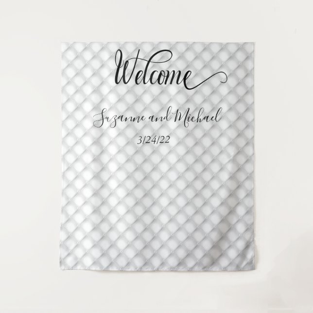 Welcome White Quilted Pearl Fabric Look Wedding Tapestry (Front)