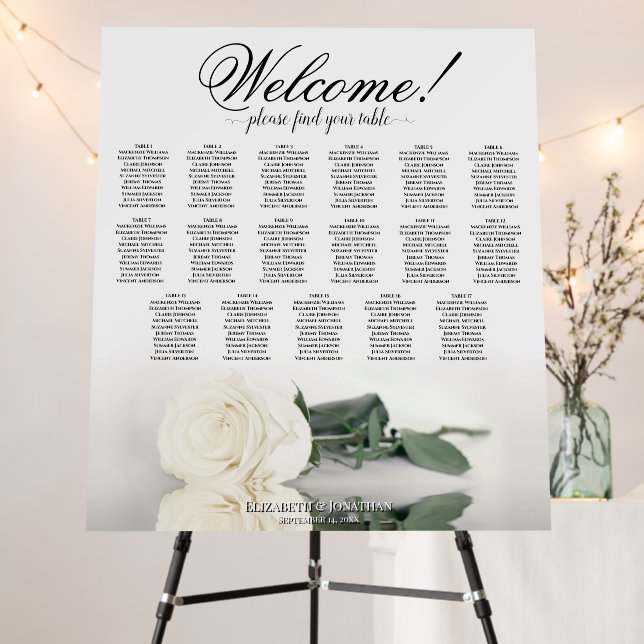 Welcome! White Rose Elegant 17 Table Seating Chart Foam Board (In Situ (Stand))