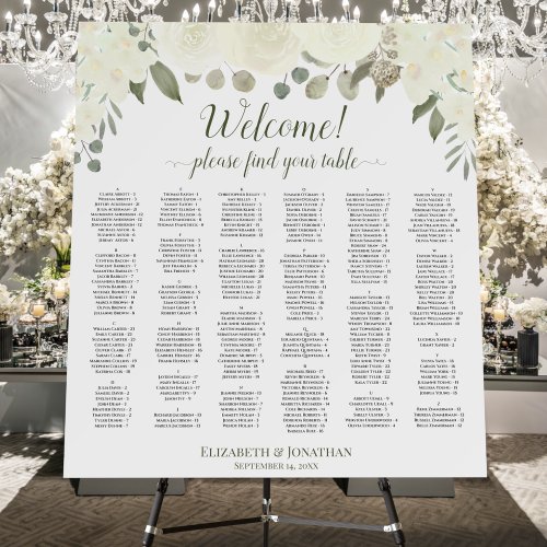 Welcome White Roses Alphabetical Seating Chart Foam Board