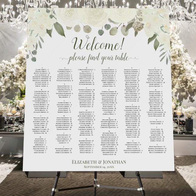 Welcome! White Roses Alphabetical Seating Chart Foam Board (In Situ on Stand with Decor)