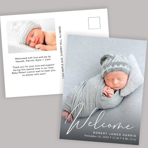 Welcome White Script Photo Overlay Birth Announcement Postcard
