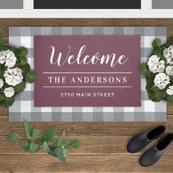 Welcome Wine Red Personalized Family Name Doormat by Plush_Paper at Zazzle
