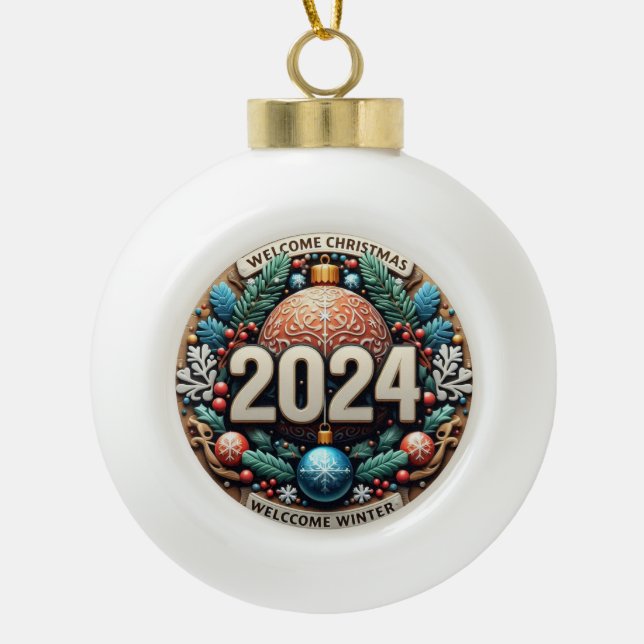 Welcome winter 2024 ceramic ball christmas ornament (Front)