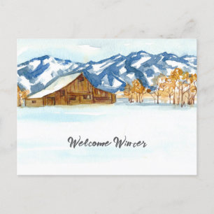 Welcome Winter Barn Wyoming Tetons Snow Holiday Postcard