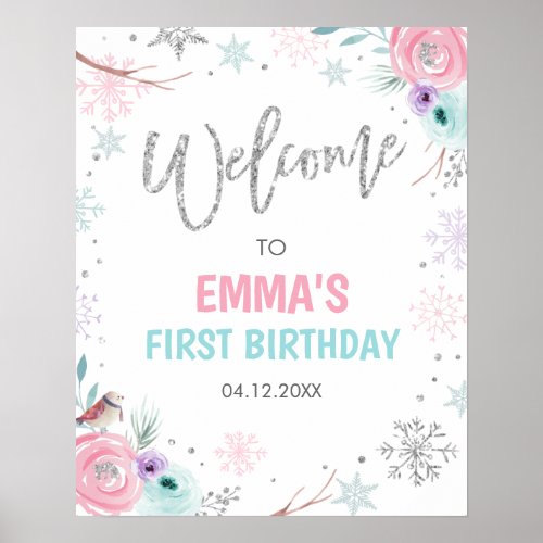 Welcome Winter Onederland Girl Floral Birthday Poster