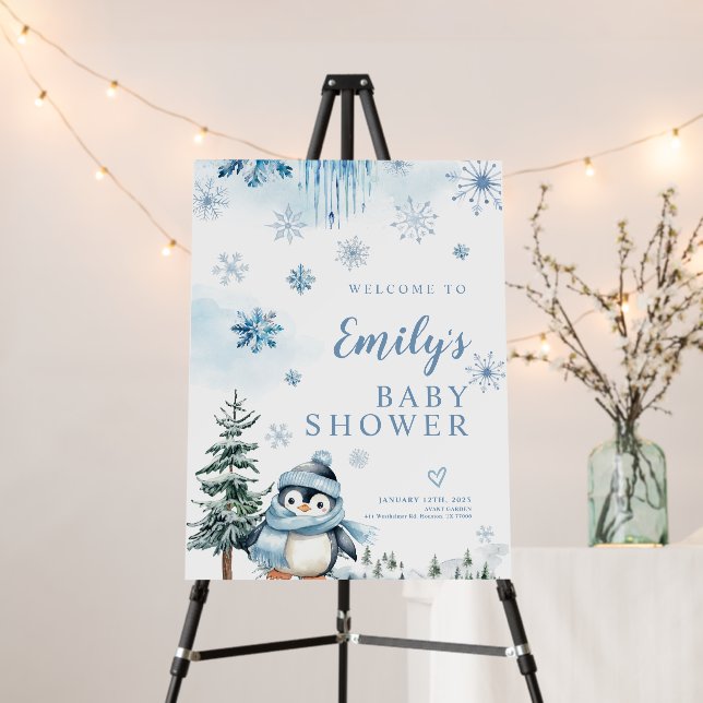 Welcome Winter Penguin Baby Shower sign (In Situ (Stand))