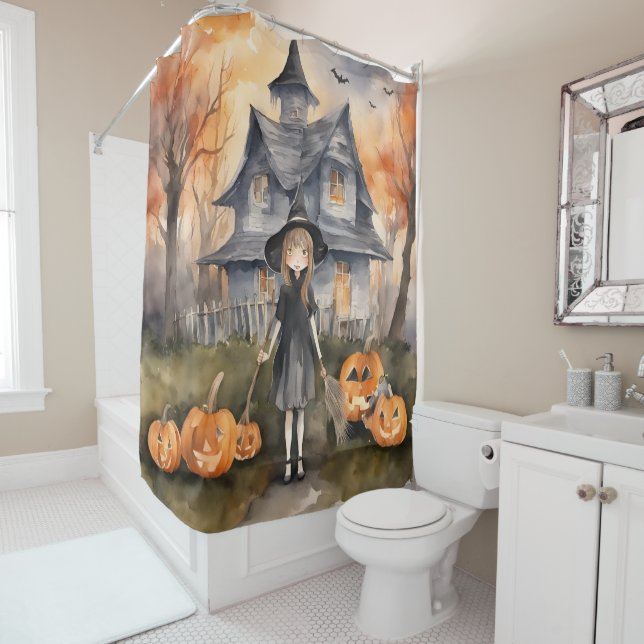 Welcome Witch AI Generated Shower Curtain (In Situ)