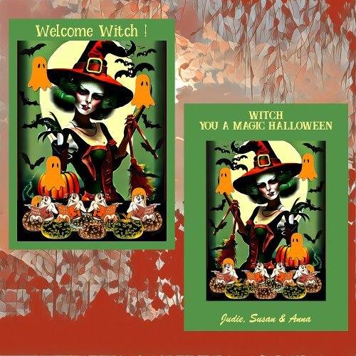 Welcome Witch Ghostly Night Shining Jack O Lantern Holiday Card