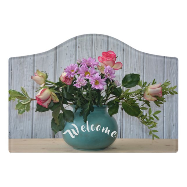 Welcome with a bouquet of flowers door sign (Small Crest Front)