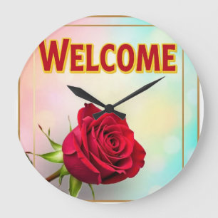 Welcome with rose on large clock
