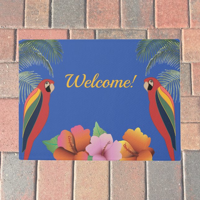 Welcome with tropical parrots and hibiscus flowers doormat (Creator Uploaded)