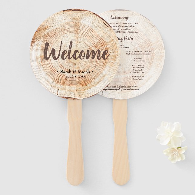 Welcome Wood Grain Rustic Wedding Program  Hand Fan (Front and Back)