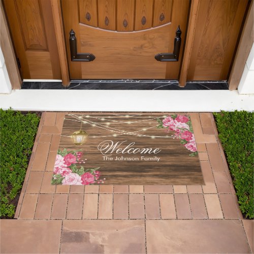 Welcome _ Wood Lantern and Mauve Flowers Doormat