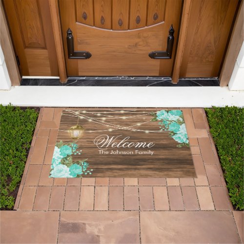 Welcome _ Wood Lantern and Teal Flowers Doormat