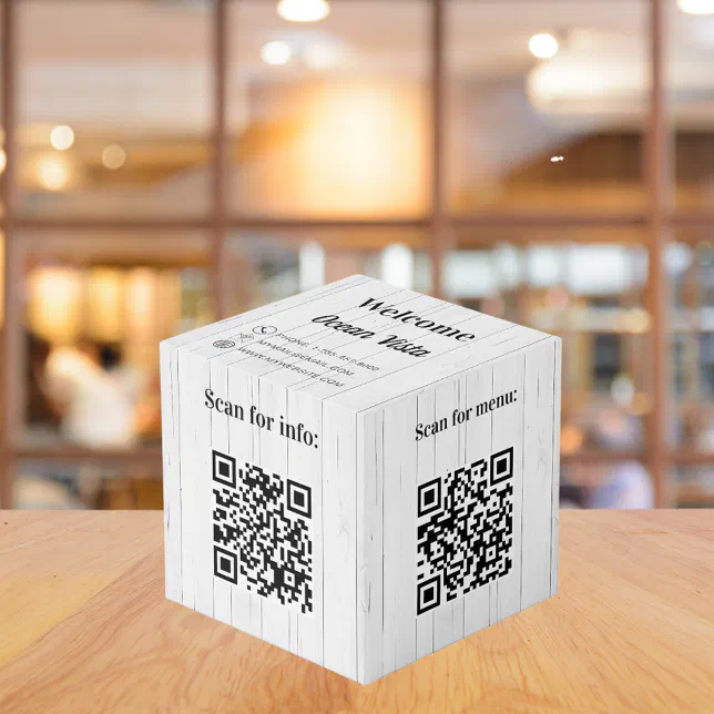 Welcome wood QR codes info hotel restaurant table Cube | Zazzle