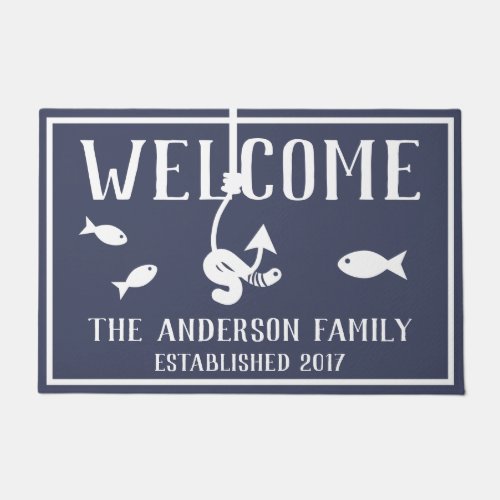 Welcome Worm on a Hook  Fish Family Name Doormat