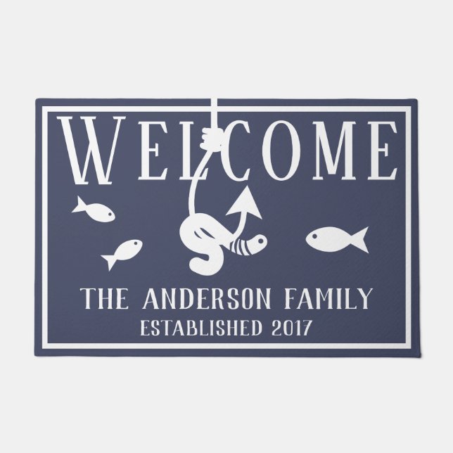 Welcome Worm on a Hook & Fish Lake House Doormat (Front)