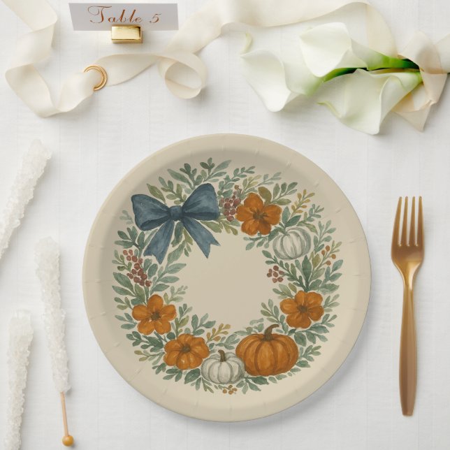 Welcome Wreath Gray Pumpkin Painting Paper Plates (Wedding)