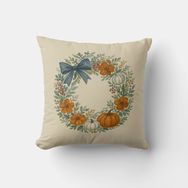 Welcome Wreath Gray Pumpkin Painting Throw Pillow (Front)